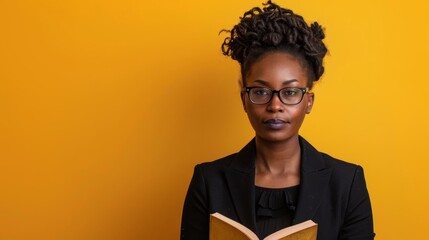 Portrait of a woman in formal wear holding a book, intellectual and poised against a scholarly yellow background