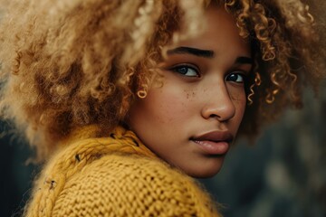 Close-up of a young woman with a thoughtful expression and curly hair wearing a yellow sweater