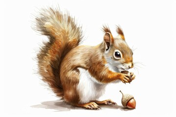 An adorable illustration of a squirrel playfully holding an acorn in its paws.