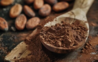 Rich Cocoa Powder on Wooden Spoon