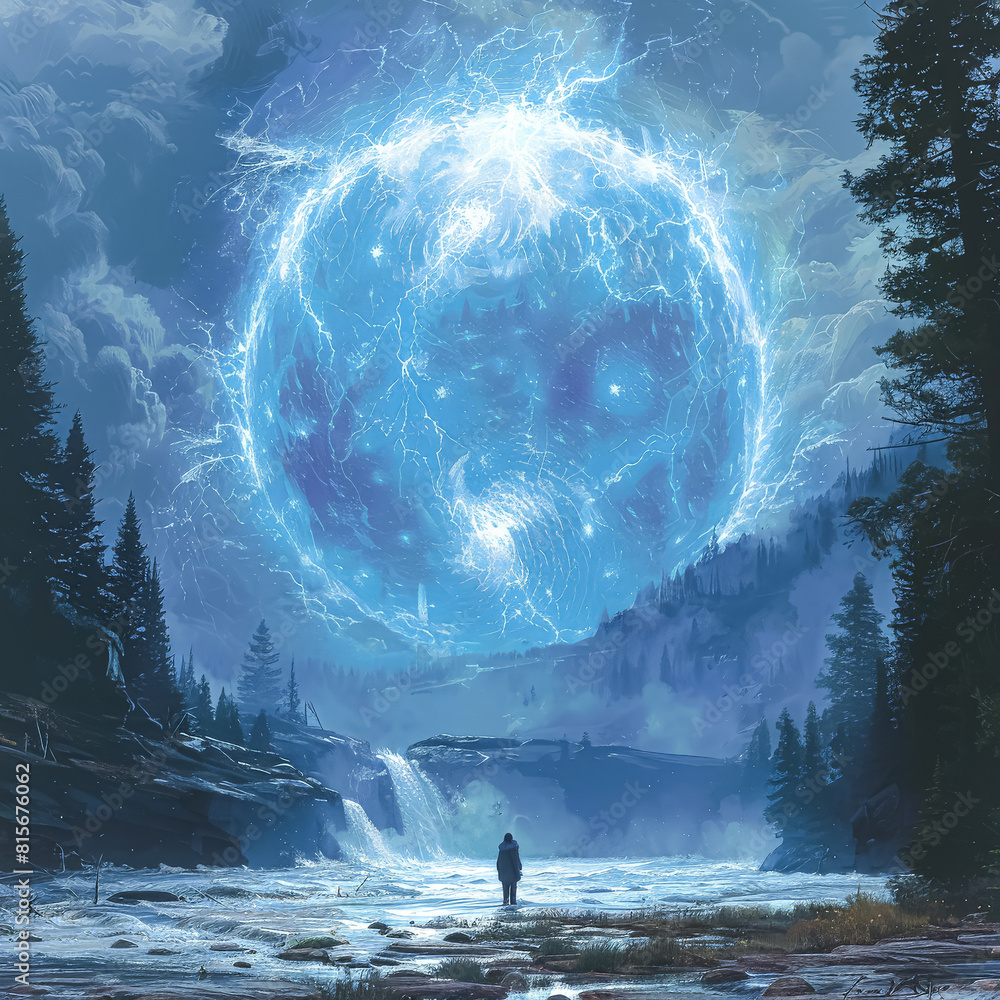 Poster a man stands in front of a large blue orb in a forest. the sky is cloudy and the trees are covered i