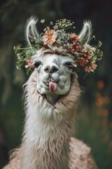 Behold the whimsical llama adorned with a flowery crown, playfully sticking out its tongue in a delightful display of charm and character.
