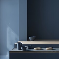 Scenography ,Still Life Shooting Visualiser, Minimalist Style,Navy Colours,Gradient,Empty Visualiser,Woodgrain Countertops,Empty countertops