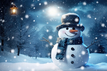 Fototapeta premium Merry christmas and happy new year greeting card with copy-space. Happy snowman standing in christmas landscape. Snow background. Winter fairytale.