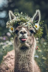 Meet our quirky llama friend, adorned with a crown of flowers and a playful demeanor as it sticks out its tongue.