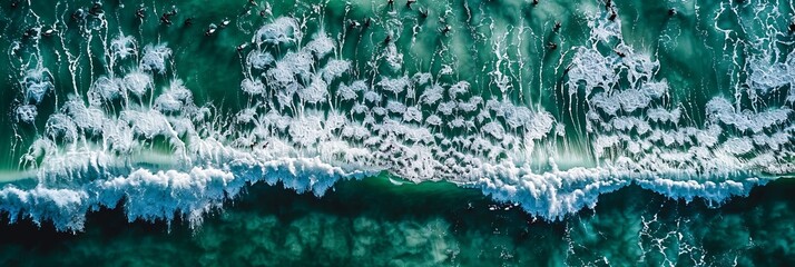 Top view of seaside with swimmers in water, coastal banner on the ocean shoreline