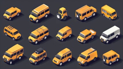 Vehicles for freight and passenger transportation, yellow taxi sedan and minivan isolated on white background.