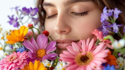 Woman with a bouquet of fresh flowers, embodying spring and freshness, isolated on white