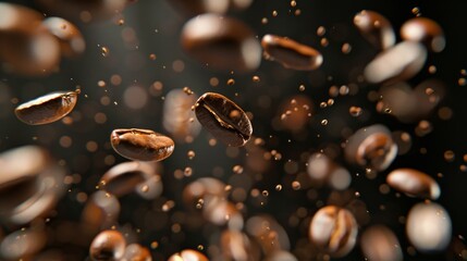Coffee beans soar, hovering in mid-air