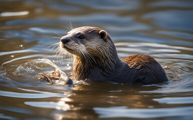 Playful otter floating in a calm river
