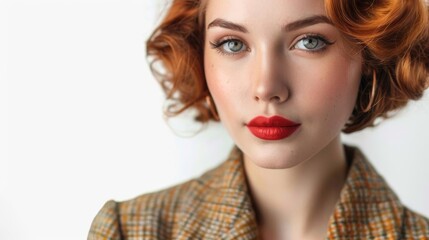 Fototapeta premium Young woman in vintage fashion, exuding retro charm and style, isolated on white
