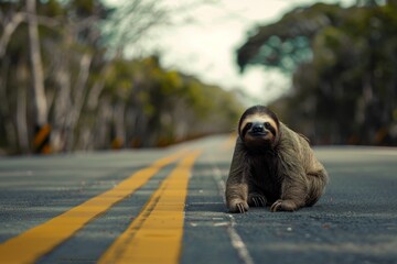 Naklejka premium A sloth cautiously contemplates crossing a vast road, its slow movements capturing the essence of patience and deliberation.