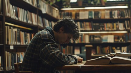 young man in his 20s sitting at the table of a bookstore with his head bowed. Side shot. Very realistic.
