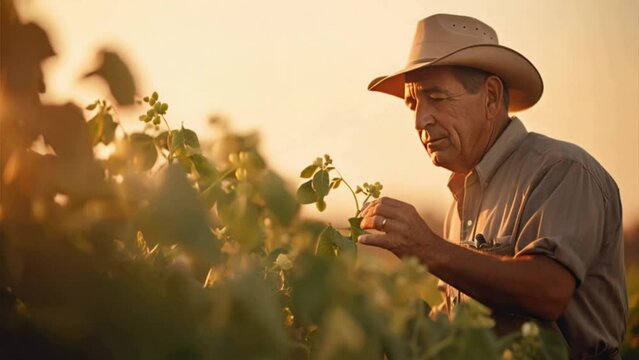 Agronomist inspecting soya bean crops growing in the farm field