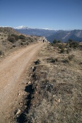 a couple of men riding horses down a dirt road near a forest: Cingles de Vallcebre in Catalonia