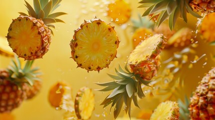 Halved pineapples, ripe oranges, floating midair on a yellow backdrop