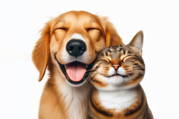 Obraz premium Funny Happy Smiling Cat and Dog with Closed Eyes Portrait Isolated on white background