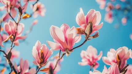 Close up view of pink magnolia tree flowers with blue sky in the background