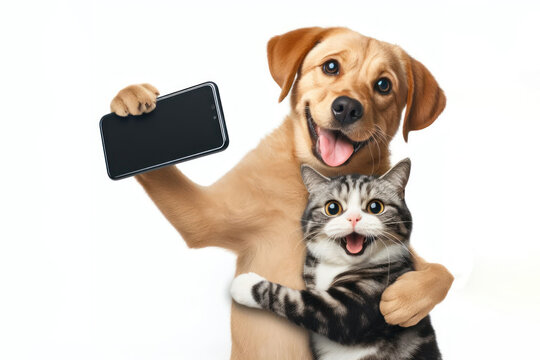 Funny happy smiling cat and dog hugging take selphy on smartphone isolated on white background copy space