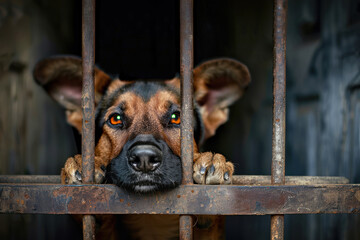 A street dog looks sadly through the bars of a cage, caged dog