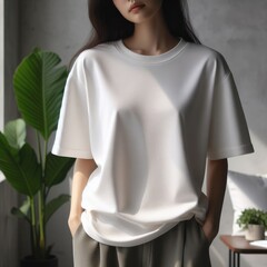 A woman in a white t shirt mockup image realistic.