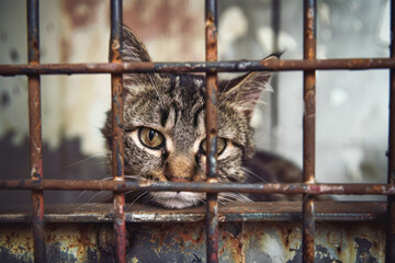 A street cat looks sadly through the bars of a cage, caged cat