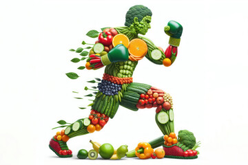 Fototapeta premium Man in action Made of Fruit and Vegetables Healthy Lifestyle Concept