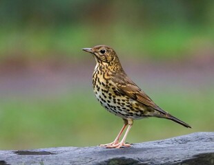 Beautiful brown song thrush (Turdus philomelos) perched atop a large rock in a lush green meadow