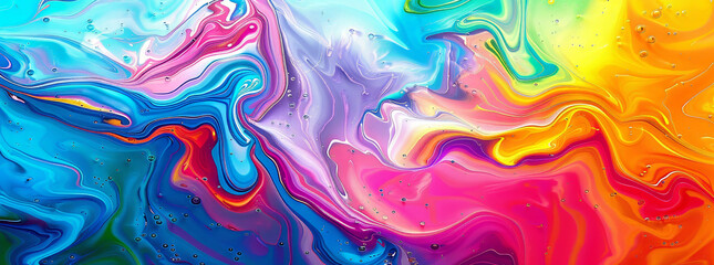 Abstract colorful background with swirling liquid paint and vibrant colors, psychedelic pattern in bright hues of blue, pink, orange, yellow, purple, red, green, and white.
