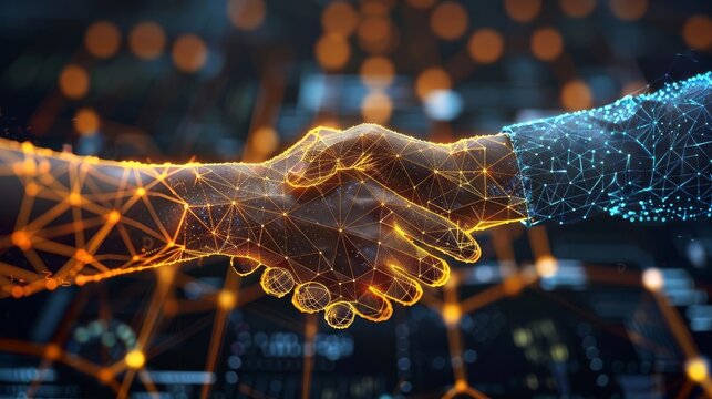 Abstract handshake with digital elements, depicting partnership and innovation