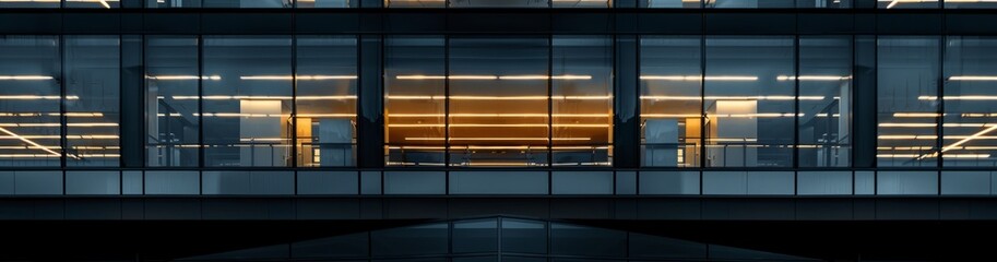 close up photo of an office building window at night, lights on in the windows, reflecting off glass, symmetrical, minimalist, high contrast, dark grey sky, black and gold, banner