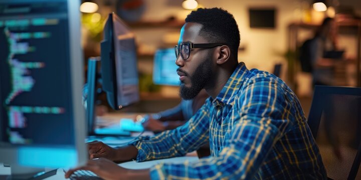 Attractive professional software developer coding program or engineering prompt. Skilled programmer typing computer and laptop while developing system with blurring background. Technology. AIG42.