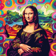 Mona Lisa with third eye, colorful background, trippy artwork in the style of psychedelic, acidwaves 
