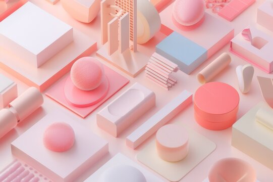 Various pastel colored rendom objects. A background exploring pastel colors and playfulness.