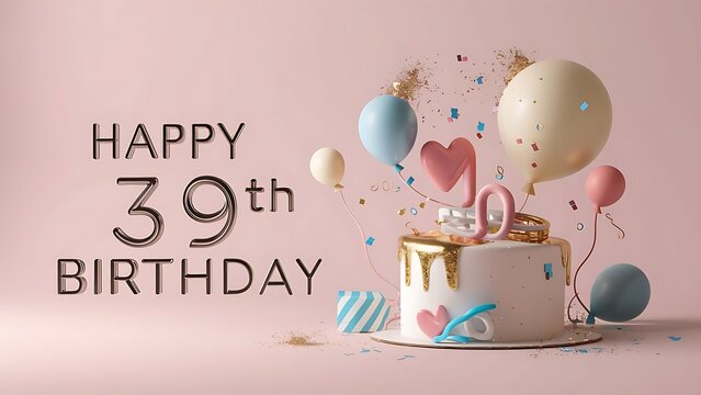 Minimalist 3D Happy 39th Birthday Background With Balloons , Hearts, Confetti And Candles, Happy Birthday Background