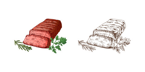 Organic food. Hand-drawn vector colored and monochrome sketches of grilled beef steak, piece of meat with rosemary and parsley. Vintage illustration. Decorations for menu of cafes and labels. 