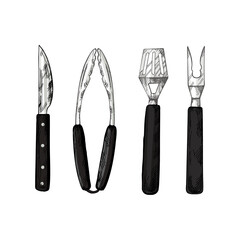 A set of colored hand-drawn sketches of barbecue tools. Detailed retro style grill tools. Doodle vintage illustration. Engraved image.