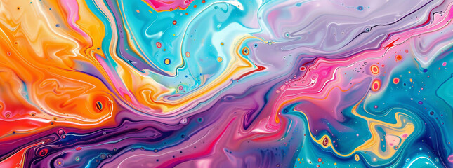 Fototapeta premium Abstract colorful background with swirling liquid paint and vibrant colors, psychedelic pattern in bright hues of blue, pink, orange, yellow, purple, red, green, and white.