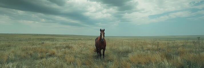 Beautiful pony in the pasture with green grass, copy space for text, lovely banner image