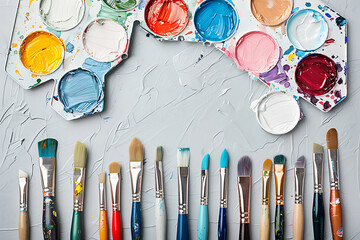 Artist painting palette with brushes. Craft hobby background. Recomforting, destressing hobby, art therapy