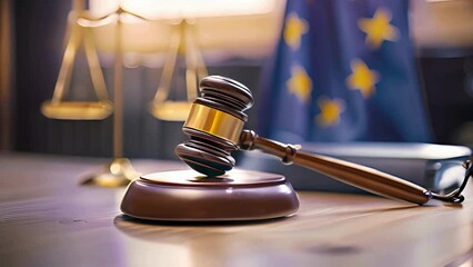 close-up capture of a wooden gavel resting on a desk, with the EU flag subtly blurred in the background, symbolizing the intersection of legal authority and European governance