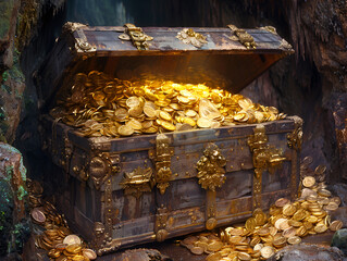 Understand Trash and Treasure Better Sort Them,
Stacking Gold Coin in treasure chest on black background