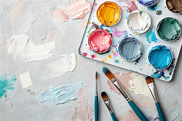 Artist painting palette with brushes. Craft hobby background. Recomforting, destressing hobby, art therapy