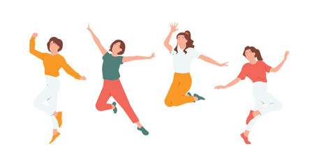 Happy people jump with raised arms excited celebrate success concept illustration