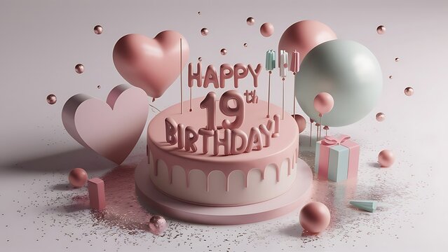 Minimalist 3D Happy 19th Birthday Background With Balloons , Hearts, Confetti And Candles, Happy Birthday Background