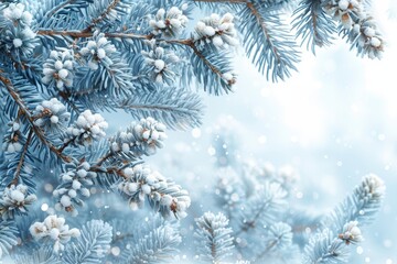 Pine Tree Covered in Snow: Winter scene with snow-laden branches. 