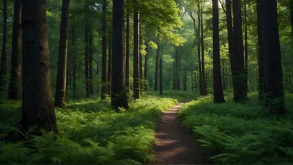 Selbstklebende Fototapeten pathway in green wild forest background. woods background © KF