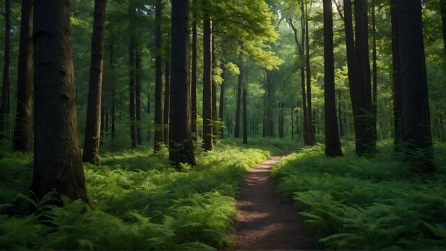 pathway in green wild forest background. woods background