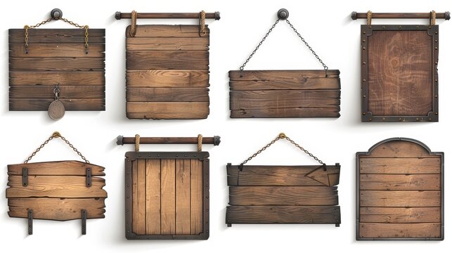 Set of wood boards on metal frames hanging from ropes. A realistic sign with wood texture, banner label for a bar saloon. Blank vintage plank panels for menus, pub entrance modern design.