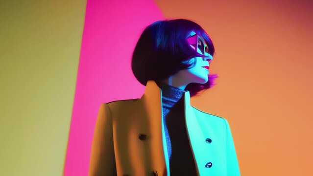 Retro fashion woman with makeup and hairstyle posing isolated on solid soft neon light baground - new 4K stock Video AI Animation footage
